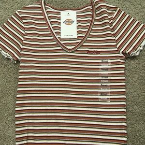 cropped , v-neck shirt, colored strips